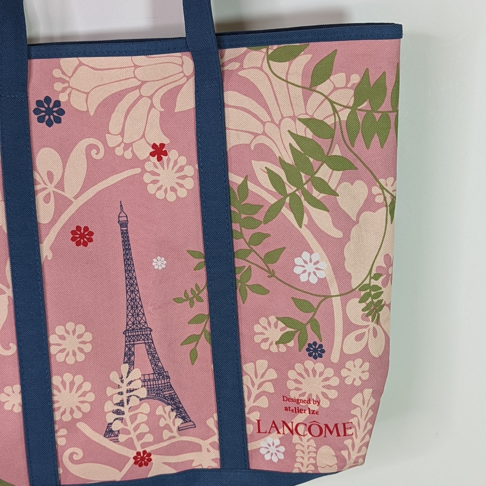 Lancome Tote Bag Pink Paris Atelier Flowers Canvas Eiffel Tower birds Lined Lg - Picture 2 of 10